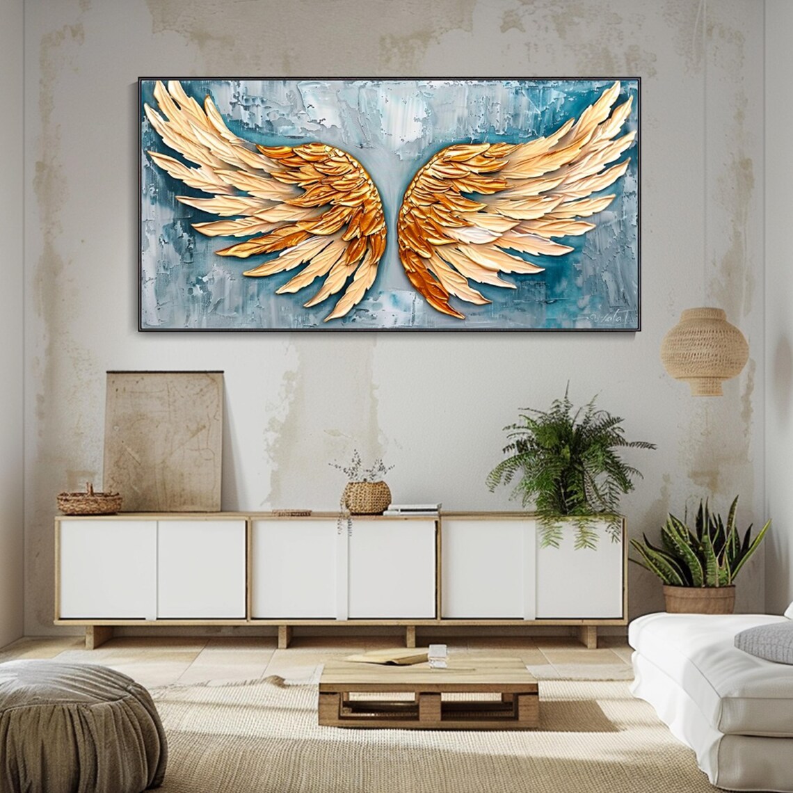 Golden Angel Wings 3D Textured Painting on Blue Canvas Poster - Image 2