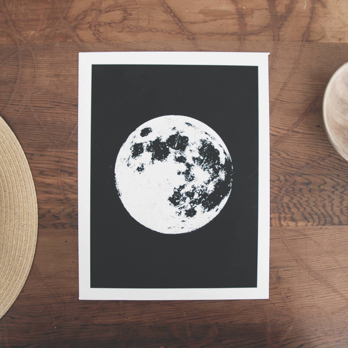 Shining Bright Full Moon, Woodblock Style Art Print