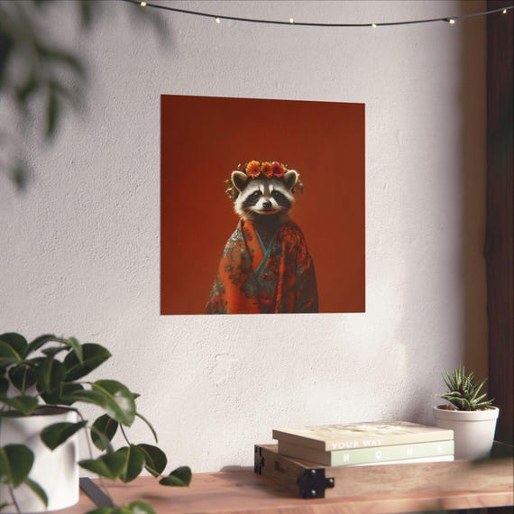 Maximalist Eclectic Raccoon Fashionista Poster Print Bold Altered Animal Portrait Fantasy Fun Colorful Flowery Rustic Vintage Floral Art