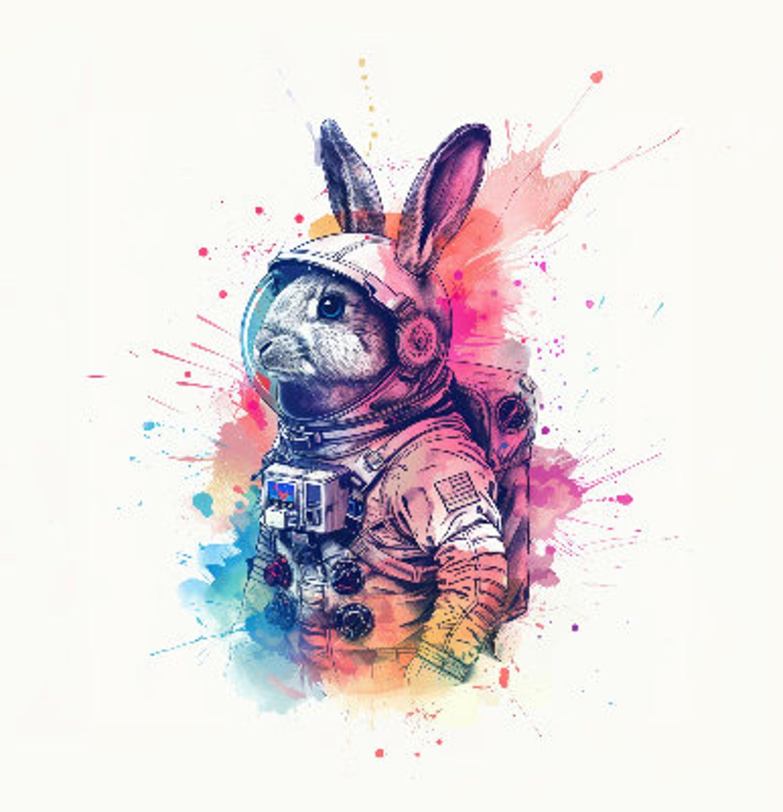 White Rabbit Astronaut Watercolor Ears Out Helmet Animal Art Poster - Image 2