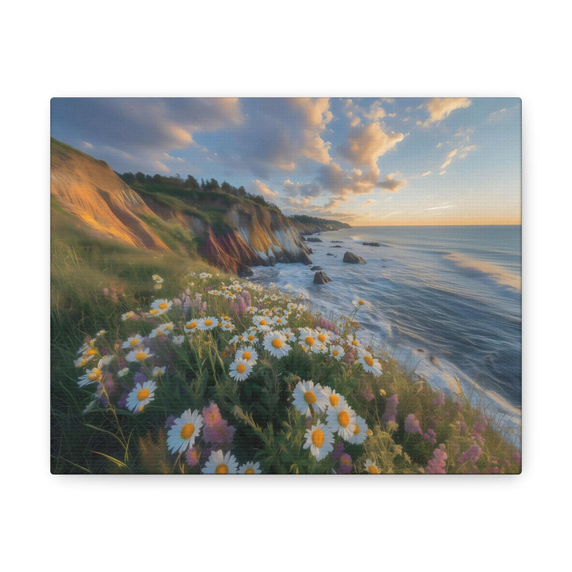 Ocean Cliffs Golden Hour Daisy Seaside Meadow Wildflowers Print - Image 2