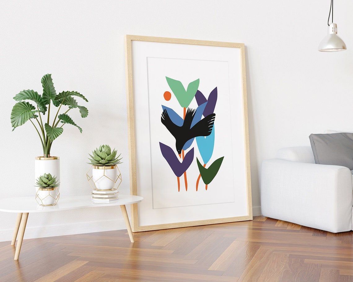 Blackbird in Flight Among Blue and Purple Leaves Modern Art Poster - Image 3
