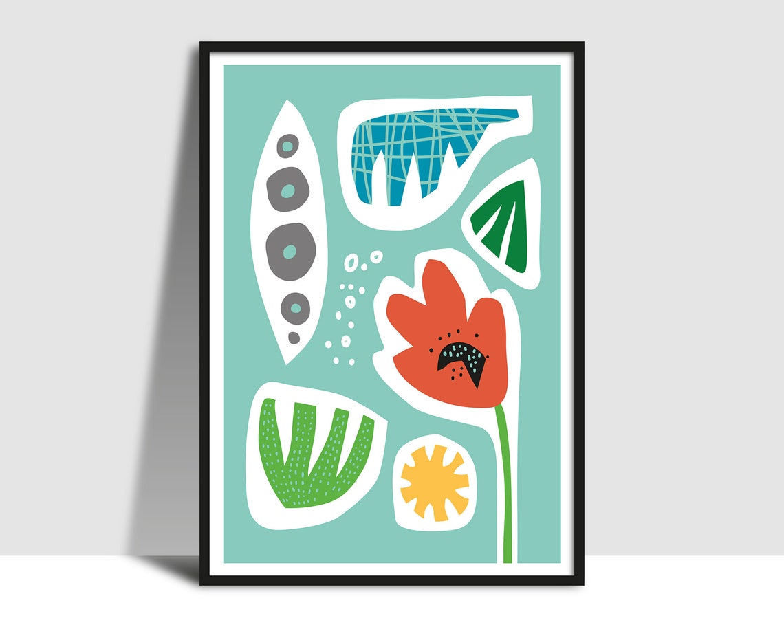 Coral Poppy And Seed Pods Papercut Collage On Mint Art Poster