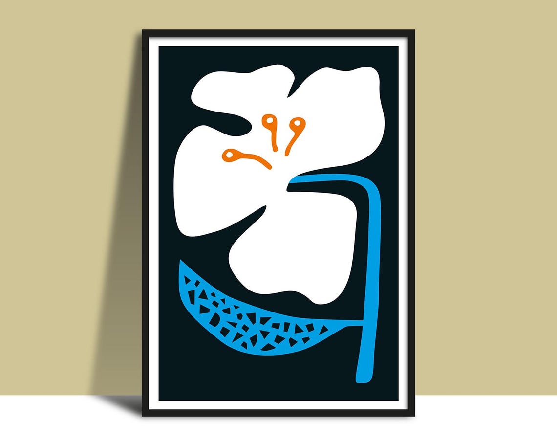 Giant White Flower Electric Blue Leaf Bold Pop Art Floral Poster