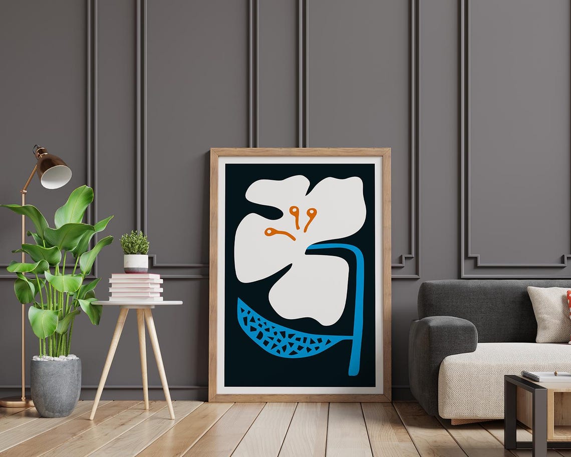 Giant White Flower Electric Blue Leaf Bold Pop Art Floral Poster - Image 2