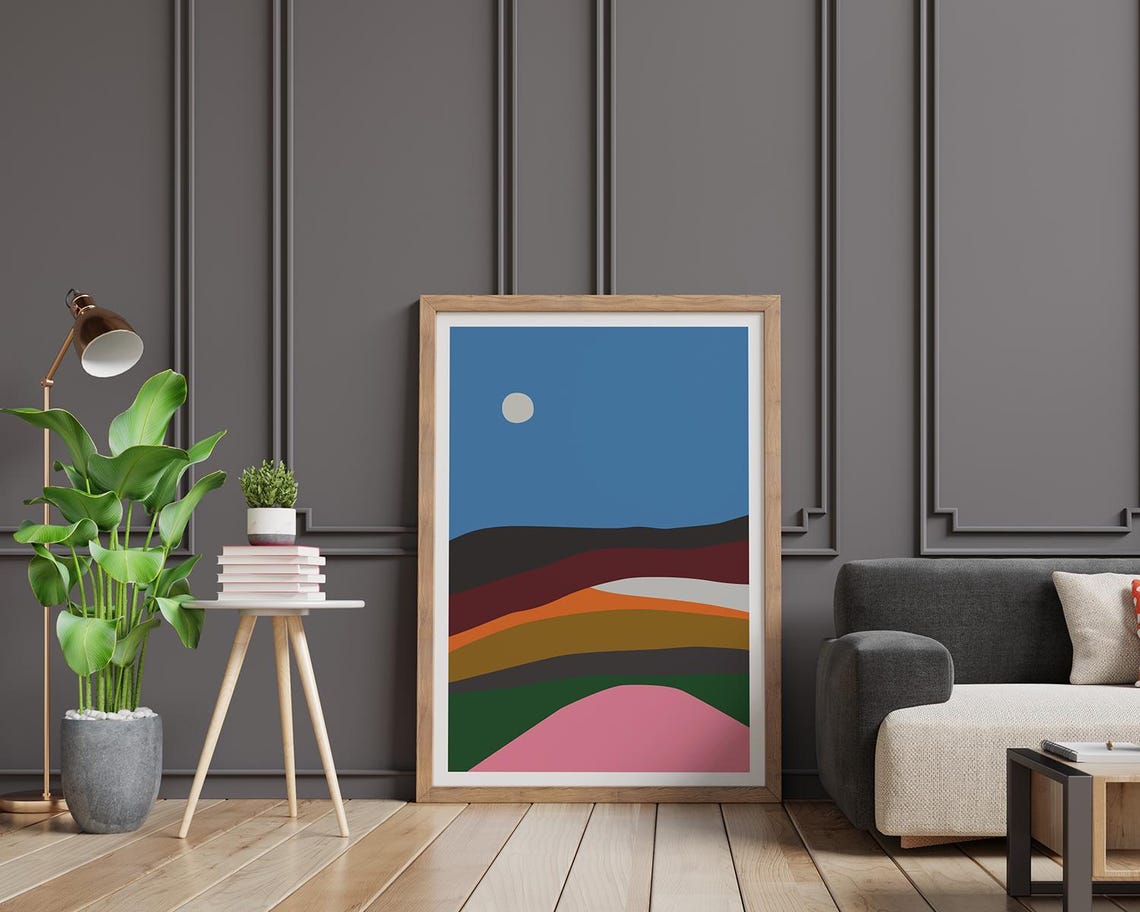 Moonlit Layered Hills Color Bands Minimal Night Landscape Poster - Image 2