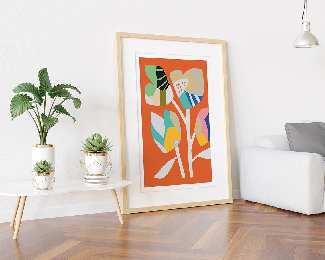 Bold Orange Abstract Floral Collage Modern Botanical Wall Print - Image 3
