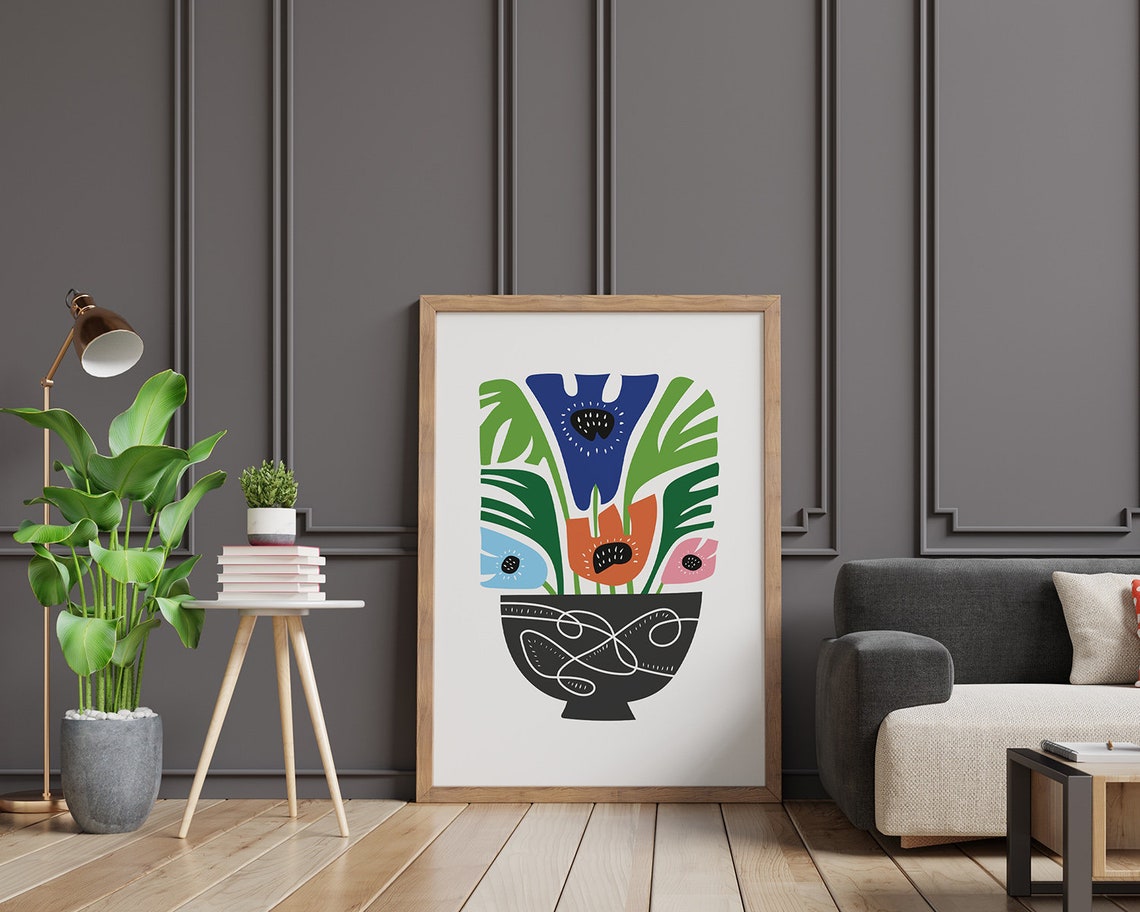 Patterned Dark Vase with Colorful Flowers and Green Leaves Poster - Image 2