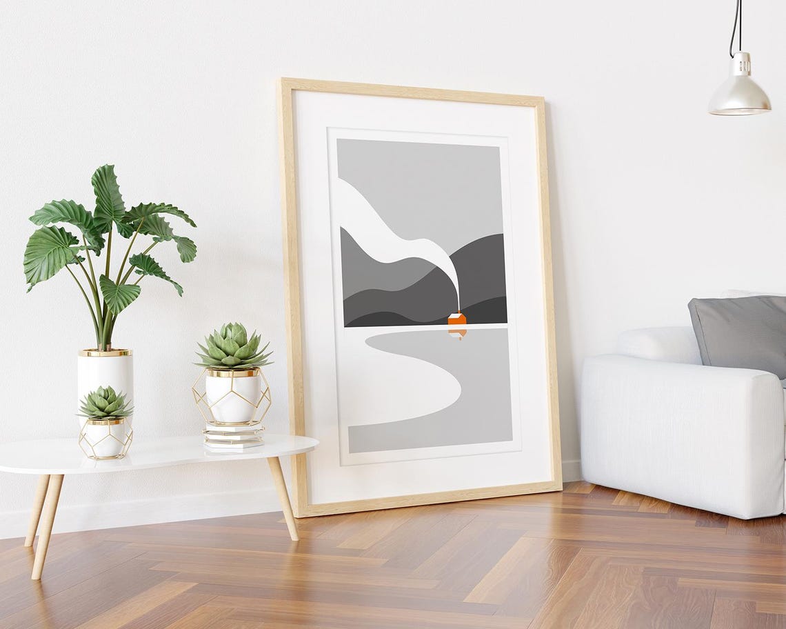 Snowy Rolling Hills Orange Cabin Minimal Winter Landscape Poster - Image 3