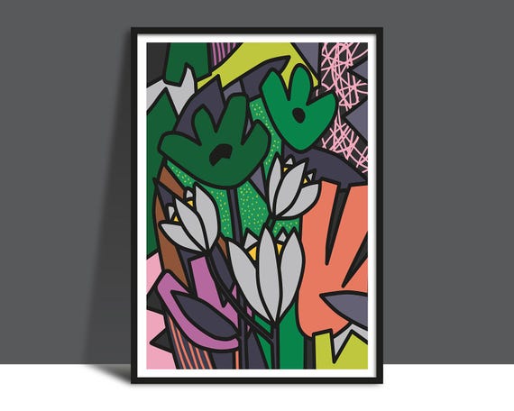 Printable Pop Art Flowers Collage Illustration Art Graphic Design Flower Poster Hand Drawn Flowers Bold Shapes Lines