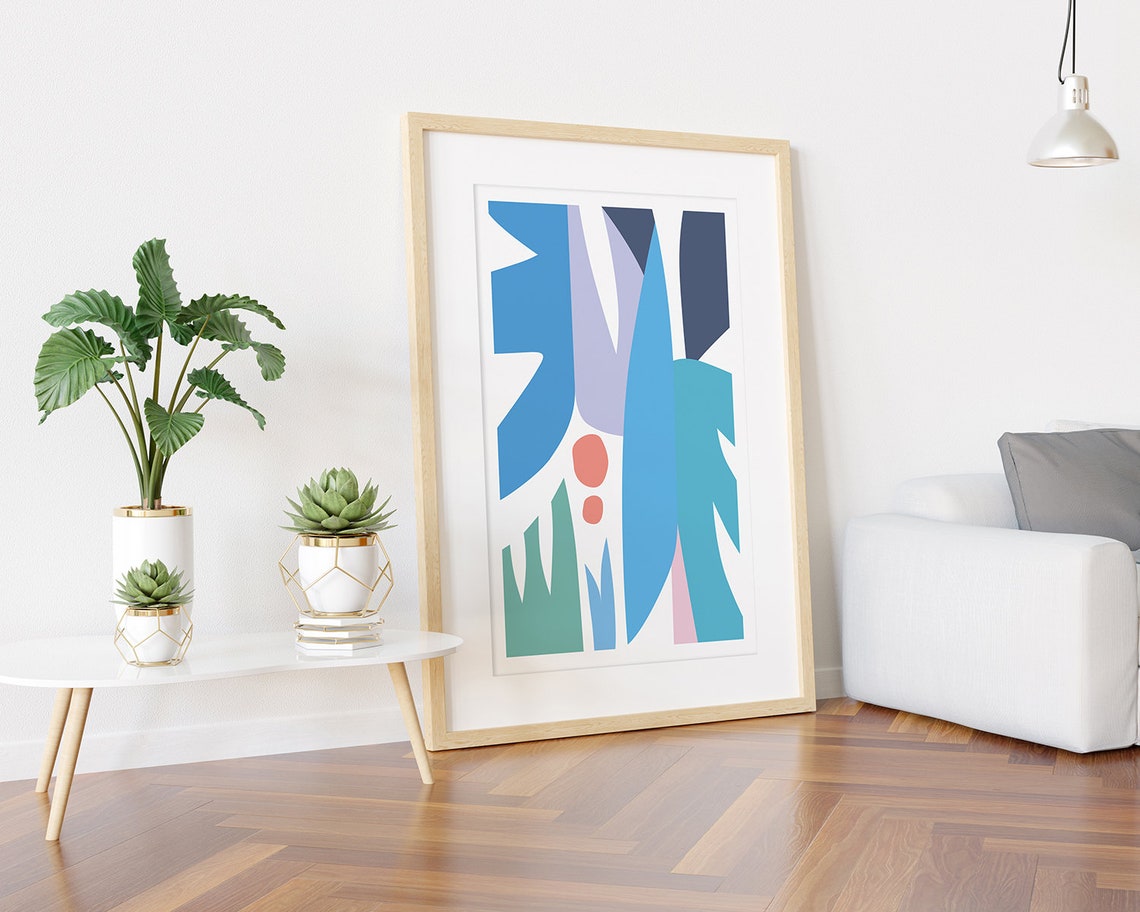 Soft Blue and Green Leaf Shapes with Coral Dots Abstract Poster - Image 3