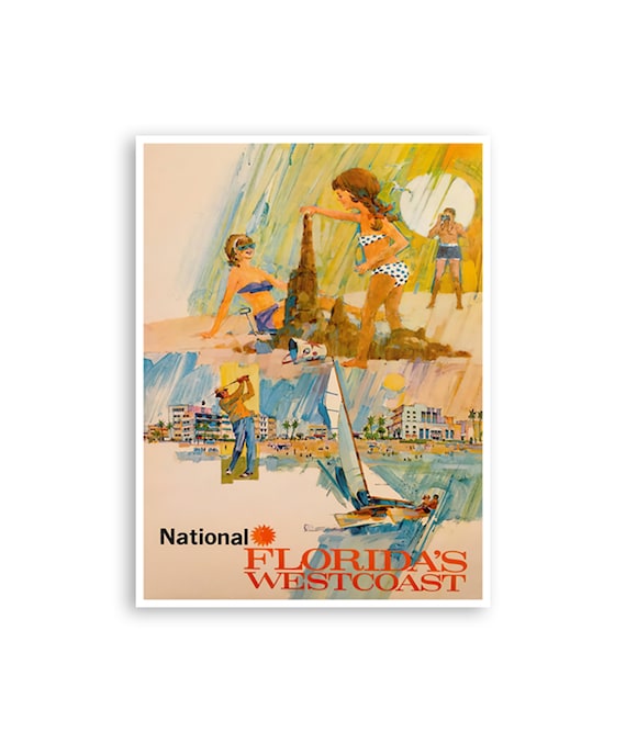 National Floridas West Coast Vintage Beach Golf Sailing Travel Poster