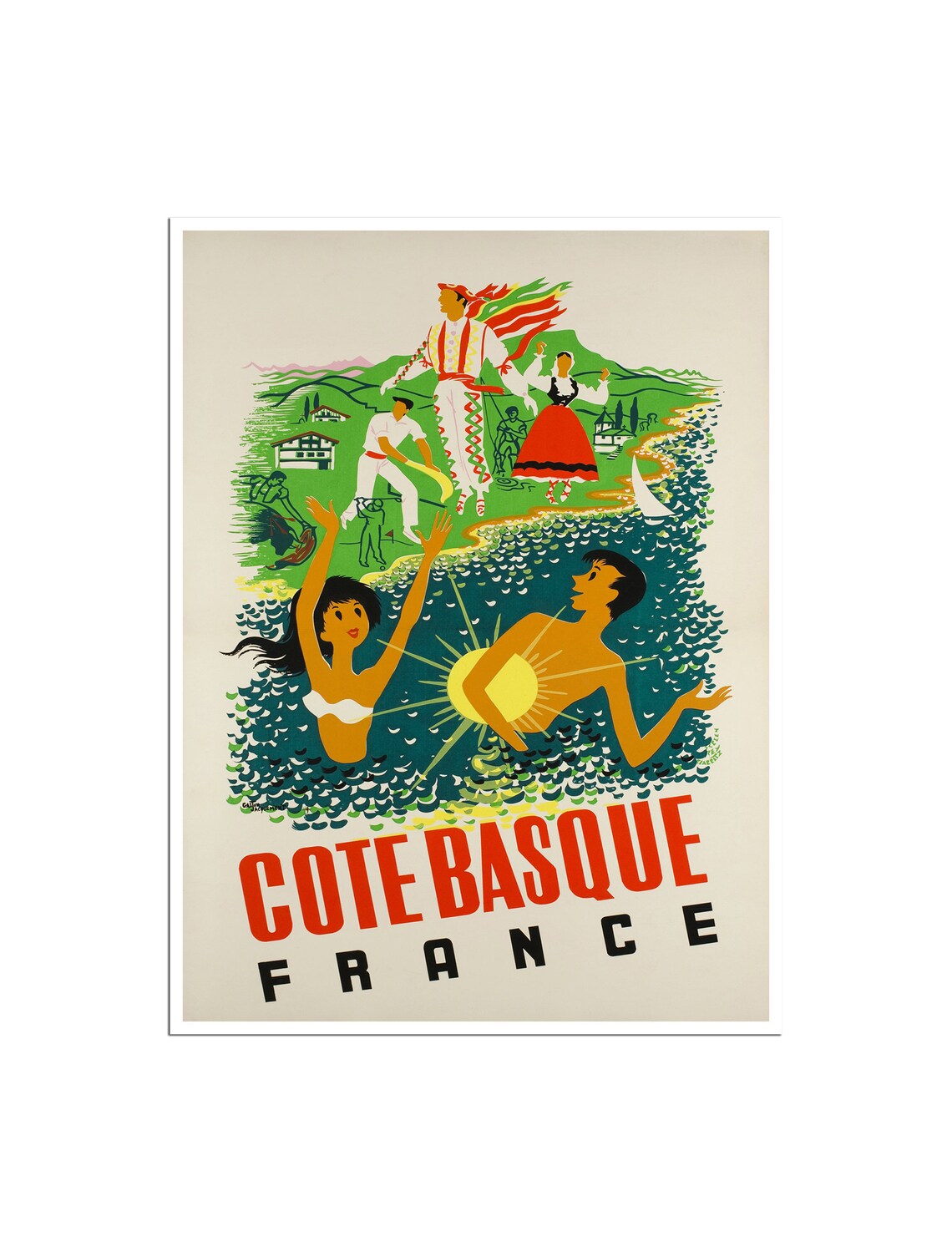 Cote Basque France Beach Swimmers Vintage Coastal Travel Poster