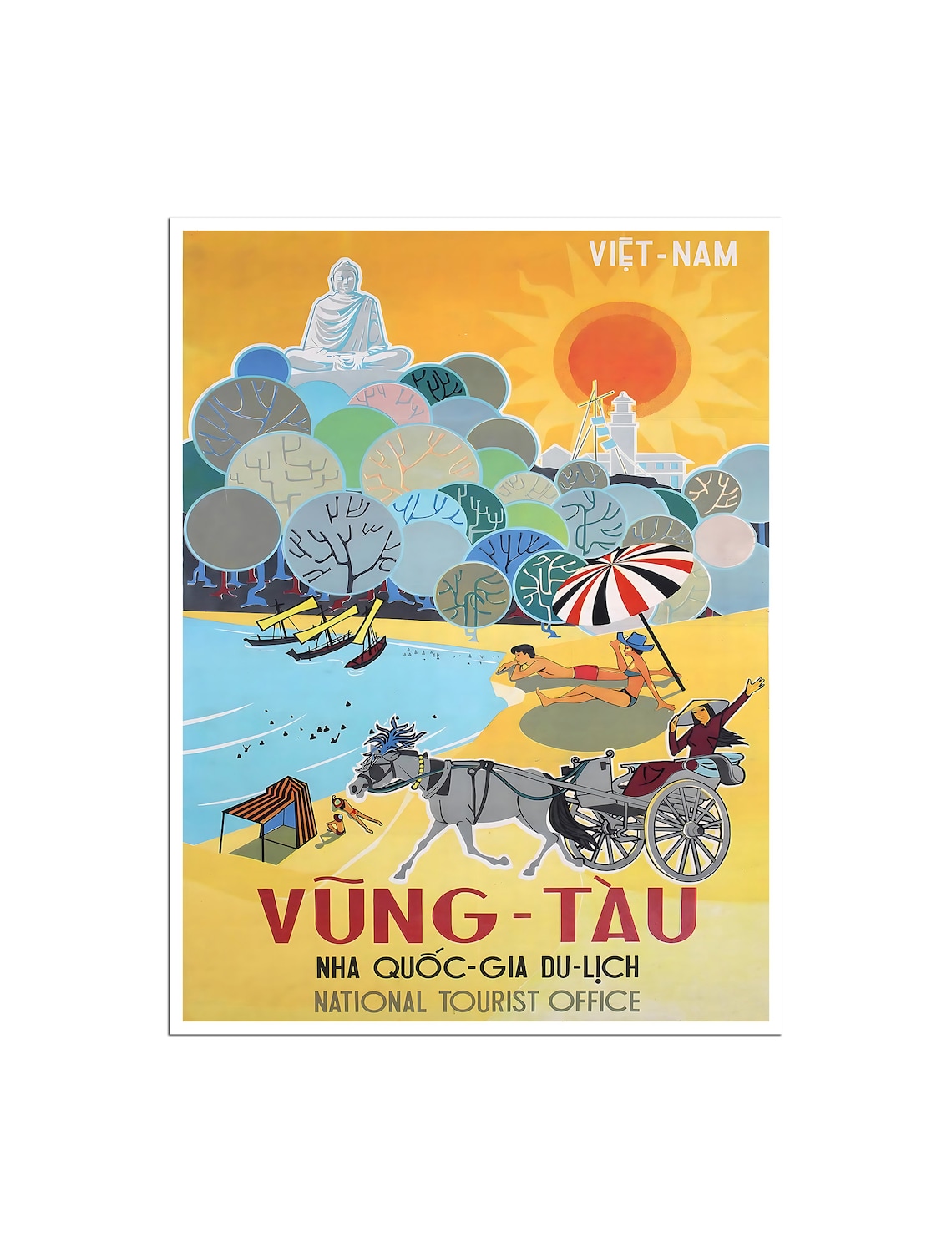 Vung Tau Vietnam Vintage Beach Buddha Horse Cart Travel Poster