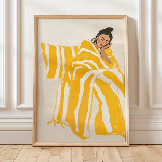 Woman Resting in a Golden Yellow Striped Blanket Minimalist Wall Art