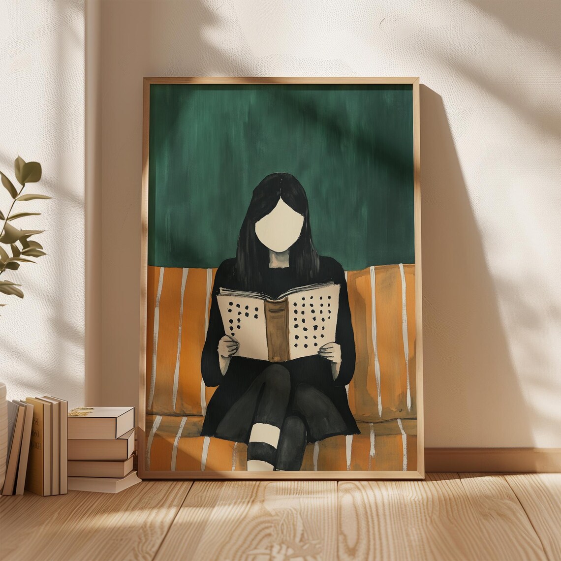 Faceless Woman Reading On Orange Striped Couch Green Art Poster - Image 3