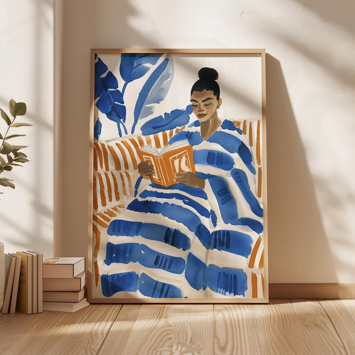 Blue Striped Reading Woman, Relaxed Abstract Art Print - Image 4