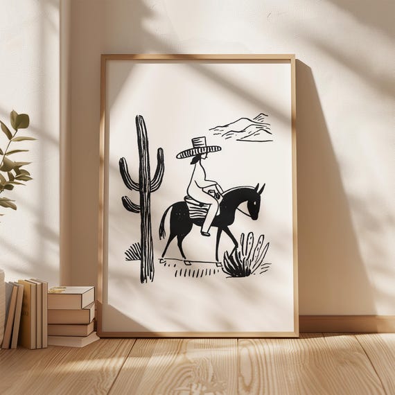 Western Cowboy Line Drawing Black And White Wall Art Minimalist Horse Rider Print Desert Illustration Rustic Mexican Poster Cactus