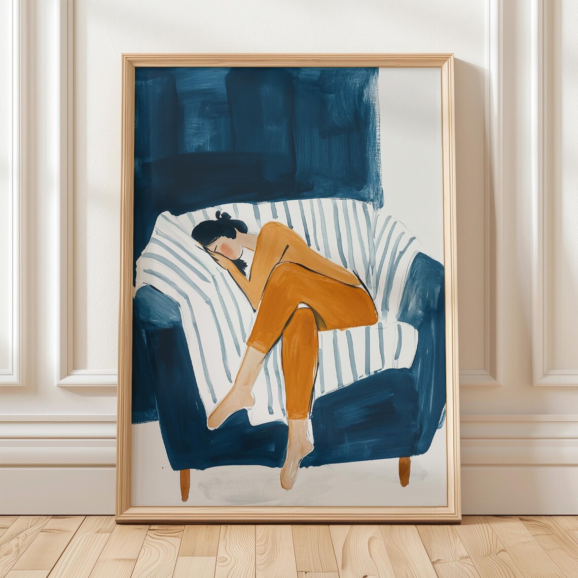 Resting Woman on Navy Striped Couch Warm Minimalist Art Poster