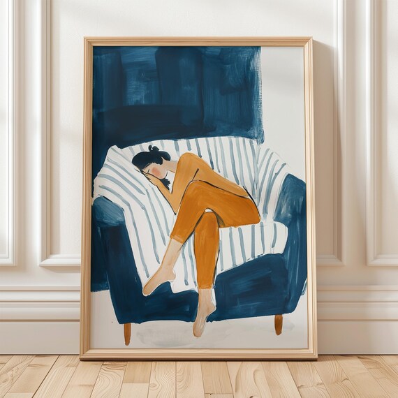 Resting Woman on Navy Striped Couch Warm Minimalist Art Poster