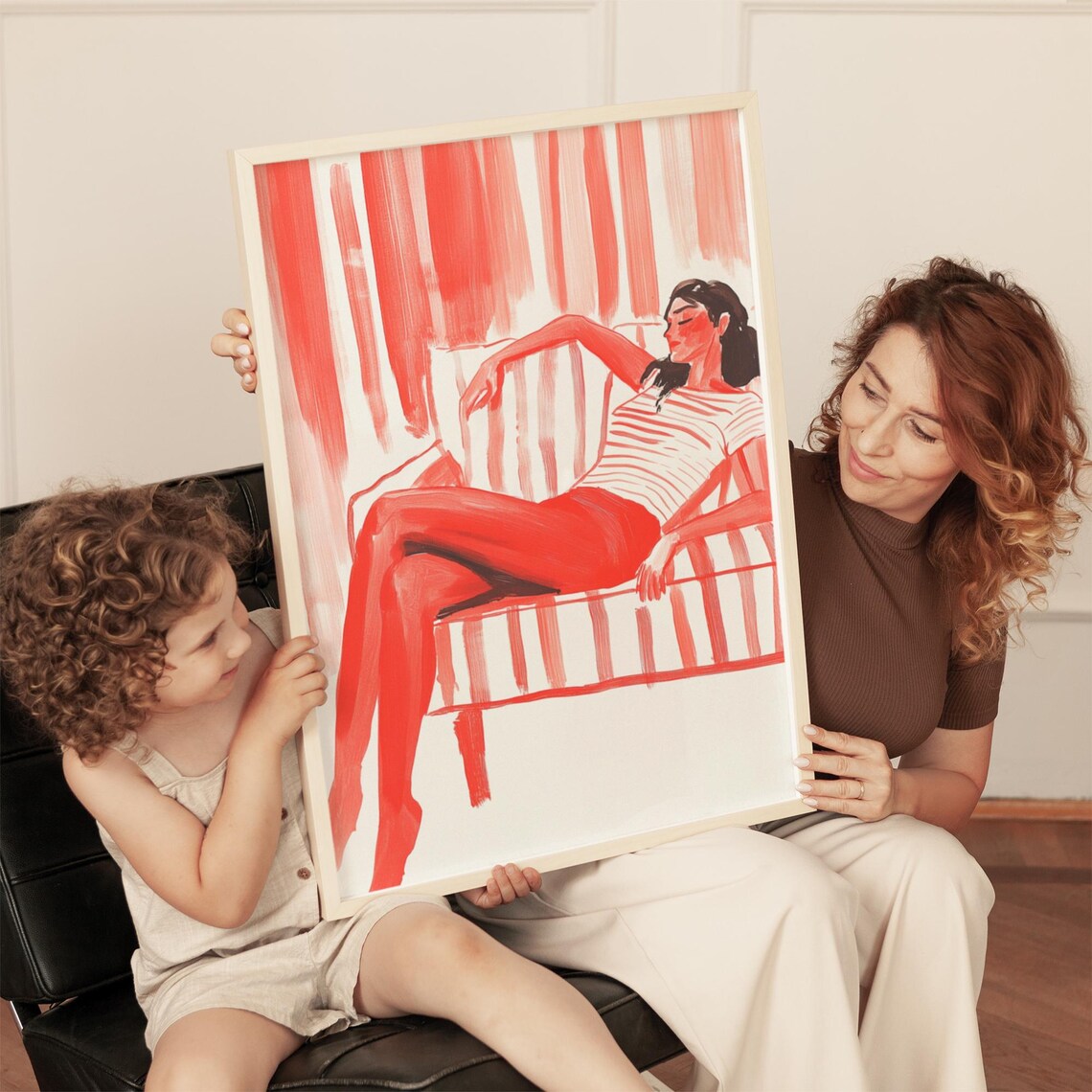 Relaxed Lounging Woman in Red Dress on Striped Sofa Art Poster - Image 4