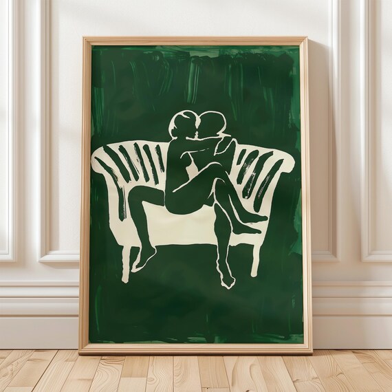 Emerald Green Abstract Couple Print Modern Wall Art Romantic Bedroom Decor Minimalist Living Room Art Wedding Gift
