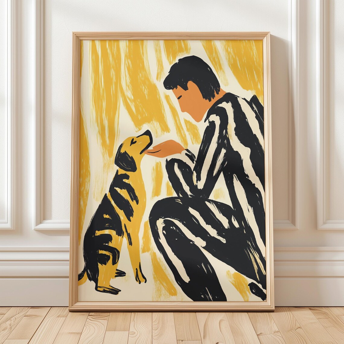 Man and Dog Best Friends Abstract Yellow Black Pet Illustration Poster