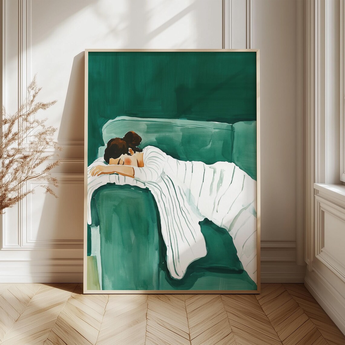 Sleeping Woman Draped Over Emerald Green Sofa Minimalist Watercolor Poster - Image 4