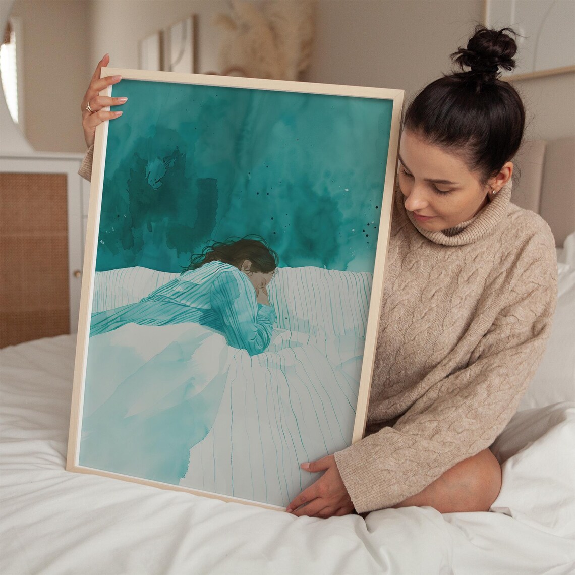 Woman Asleep on Teal Watercolor Bed Soft Dreamy Bedroom Poster - Image 3