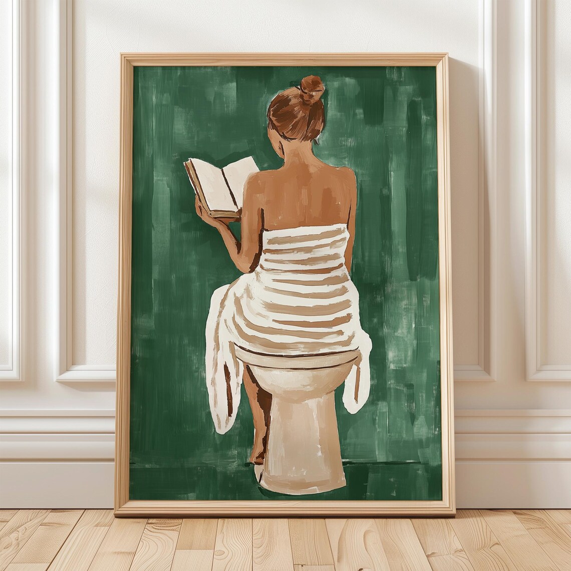 Woman in Striped Towel Reading on Toilet Back View Art Poster - Image 2
