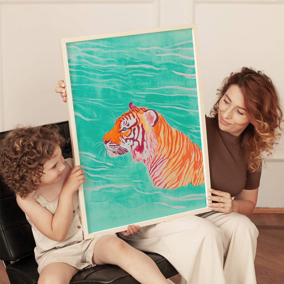 Swimming Tiger in Turquoise Water Modern Wildlife Art Poster - Image 3