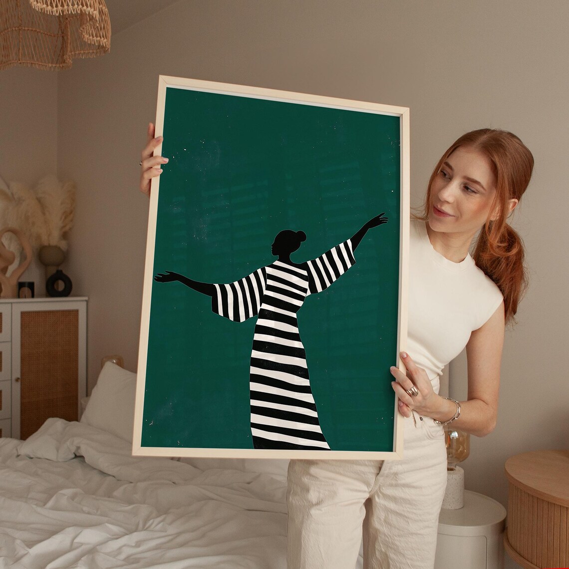Woman with Arms Raised Striped Dress Emerald Green Silhouette Poster - Image 4
