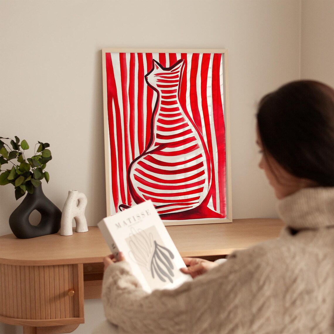 Red Striped Cat, Minimalist Abstract Pet Poster - Image 3