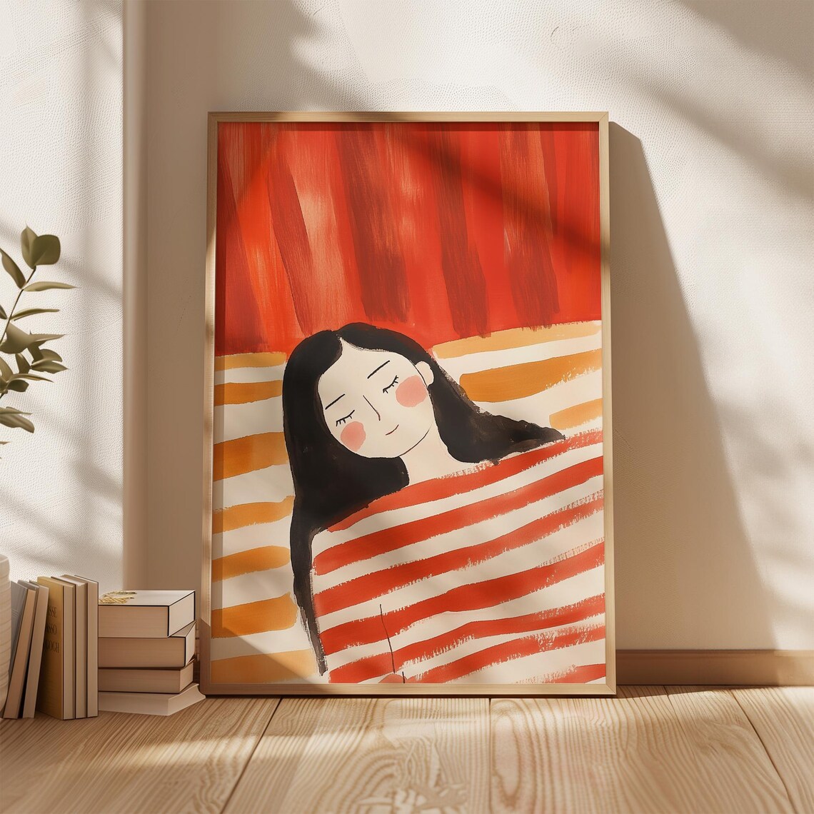 Peaceful Sleeping Woman Wrapped in Red Striped Blanket Art Poster - Image 5