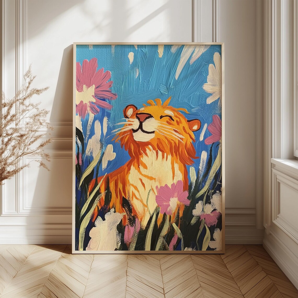 Happy Tiger Among Colorful Flowers Cheerful Impasto Style Poster - Image 5