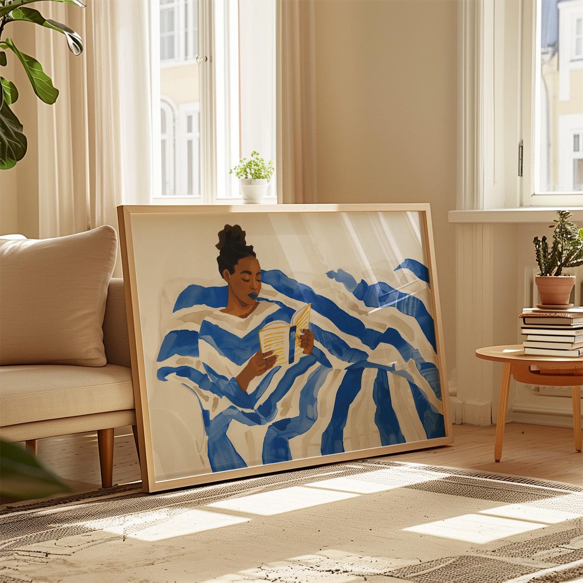 Blue Striped Woman Reading Print Bold Minimalist Wall Art Abstract People Poster Cozy Reading Corner Art Illustration Decor - Image 3