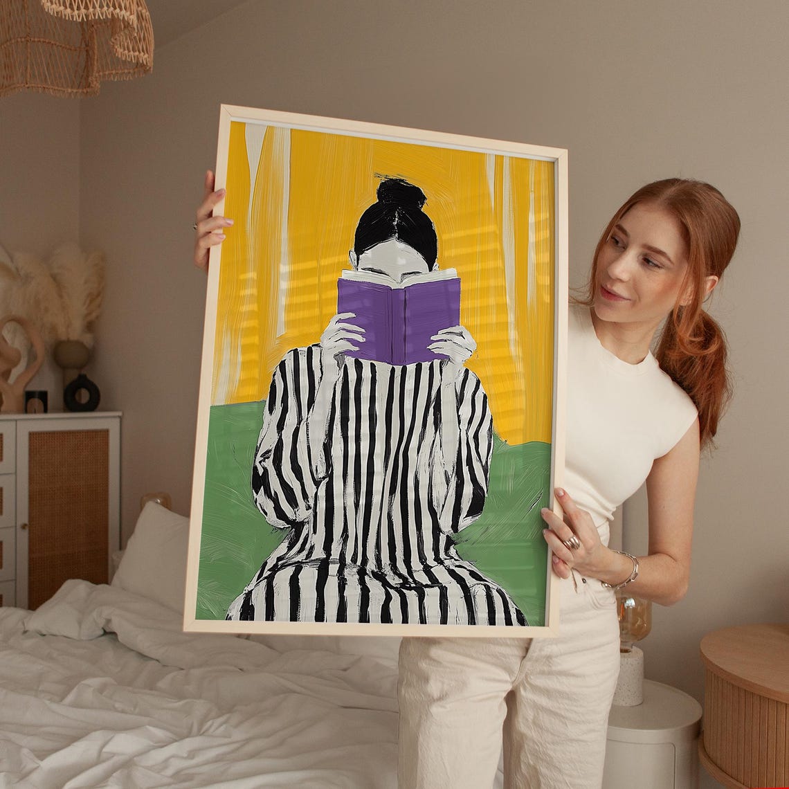 Abstract Reading Woman With Striped Dress Bold Minimalist Wall Art Vibrant Artwork For Modern Home Decor - Image 3