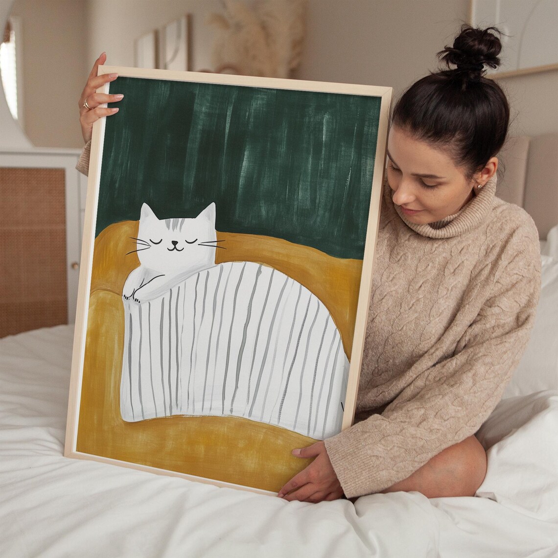 White Cat Sleeping On Striped Blanket Mustard Sofa Art Poster - Image 4