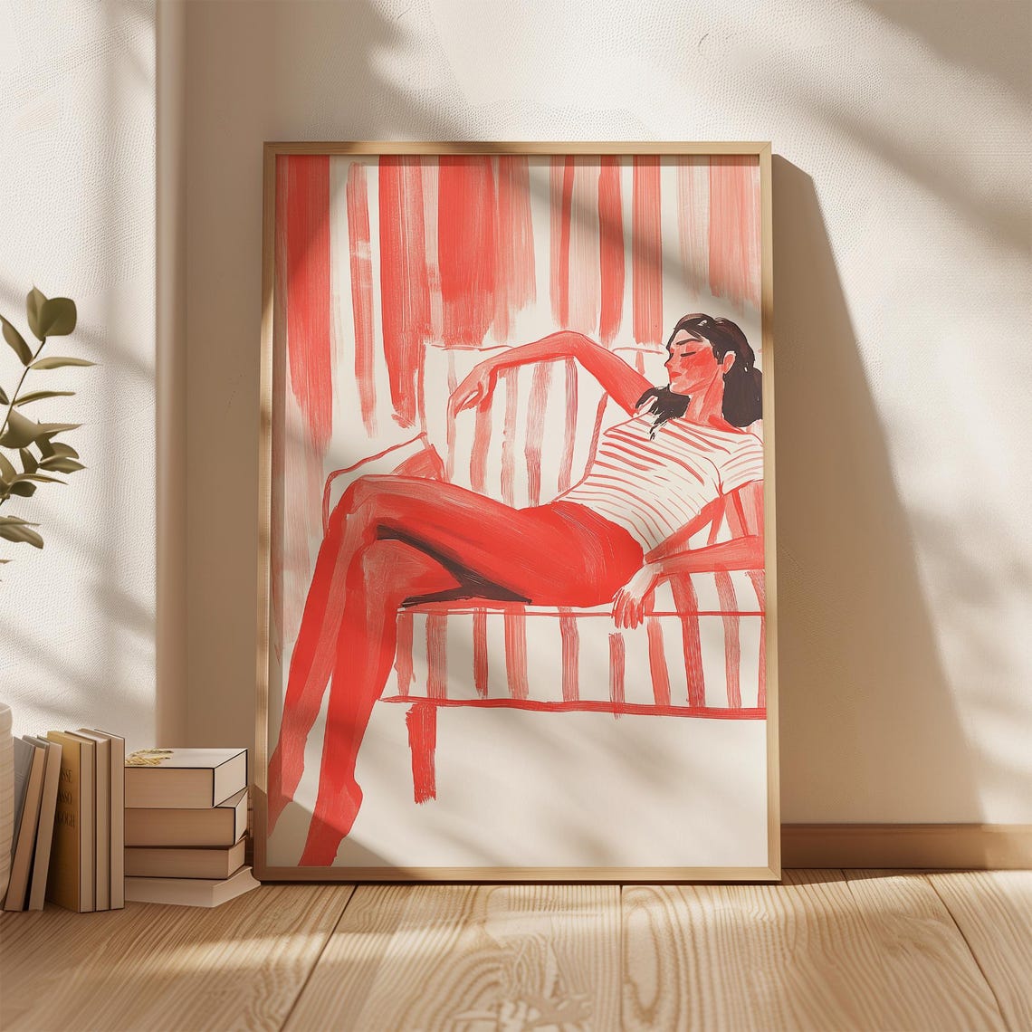 Relaxing Woman Wall Art Bold Red Abstract Print Modern Minimalist Home Decor Striped Couch Illustration - Image 5