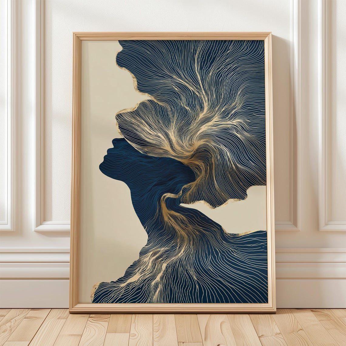 Abstract Woman Profile Line Art Poster Navy and Gold Minimalist Decor