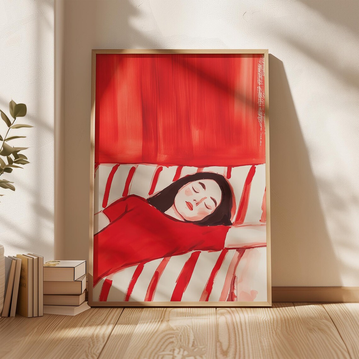 Relaxed Woman in Red Resting on Bold Stripes Modern Art Poster - Image 5