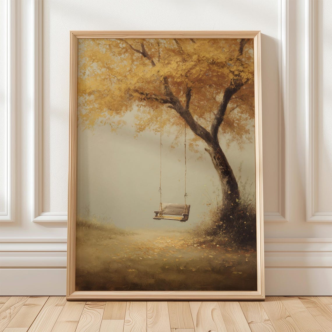 Autumn Tree Swing Wall Art Fall Landscape Print Peaceful Nature Scene Rustic Decor For Cozy Home Country Artwork