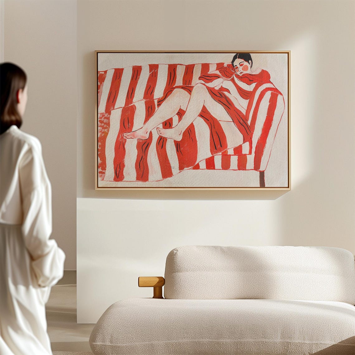 Abstract Striped Woman On Couch Modern Minimalist Wall Art Bold Red White Print Contemporary Artwork For Home Decor - Image 2