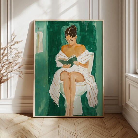 Woman Reading Book In Bath Towel Emerald Bathroom Art Poster