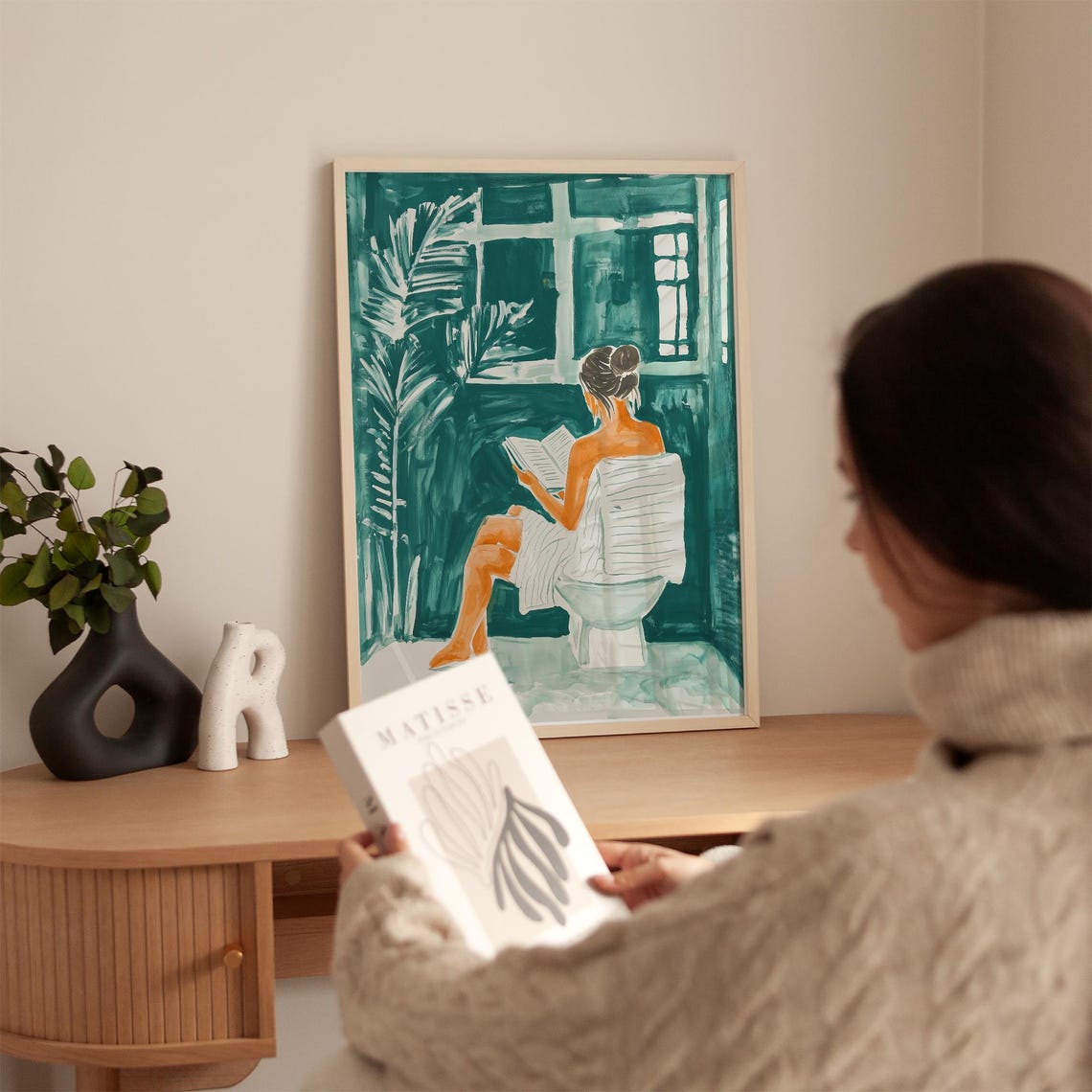 Tropical Relaxation Woman Art Print Modern Bathroom Decor Reading Wall Art For Cozy Home Style - Image 5