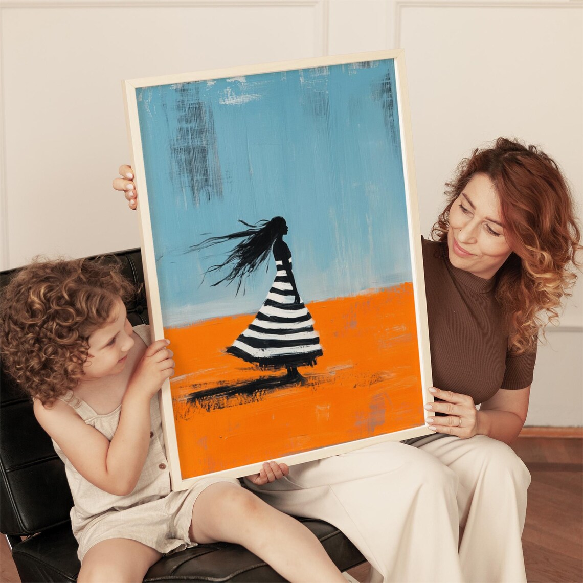 Silhouette Woman in Striped Dress Blue Sky Orange Ground Poster - Image 4