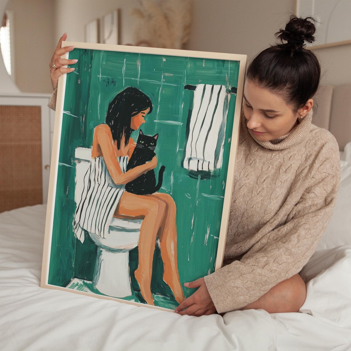 Woman Hugging Black Cat on Toilet Teal Funny Bathroom Art Poster - Image 4