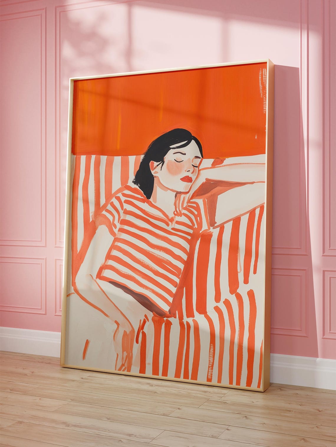 Relaxing Woman In Striped Orange Design Modern Abstract Wall Art Minimalist Illustration Bold Home Decor Print - Image 4