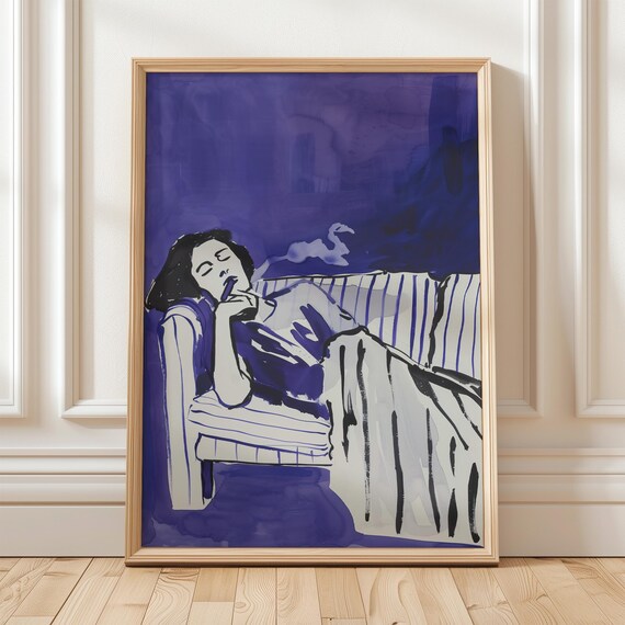 Purple Painterly Portrait Of Woman Smoking On Striped Chair Poster