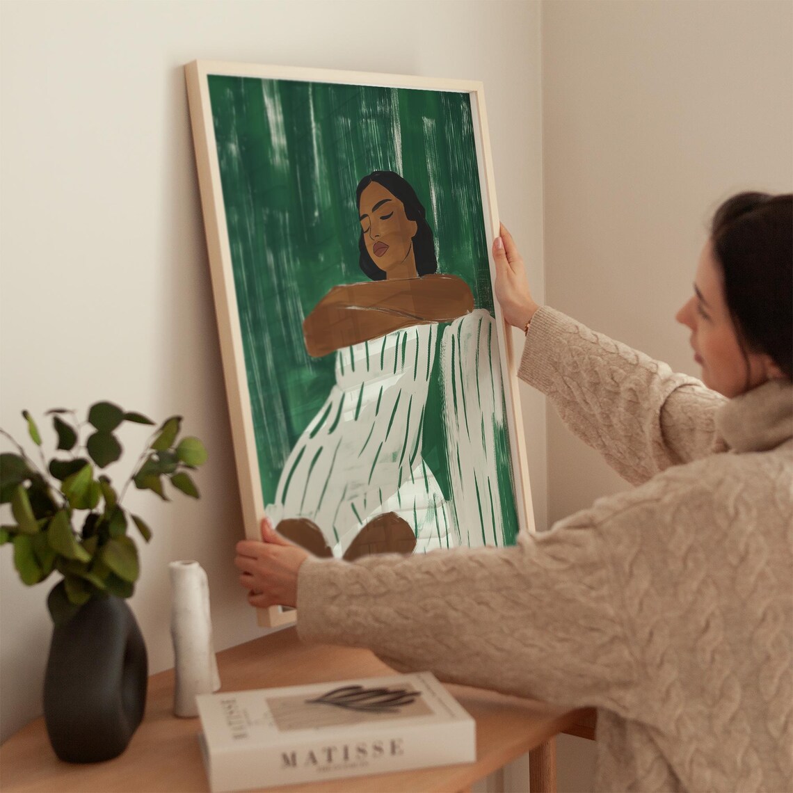 Resting Woman Portrait in Green Stripes Boho Minimalist Art Print - Image 4